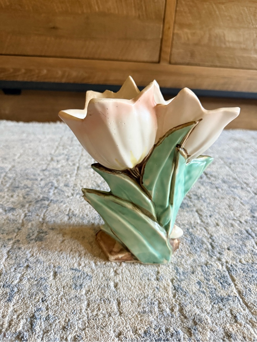 Ceramic Pink Tulip Vase with Green Leaves